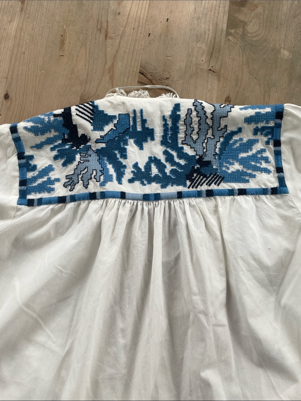Zara White Boho Embroidered Tie-Front Top with Blue Accents Coastal Chic - Picture 7 of 8
